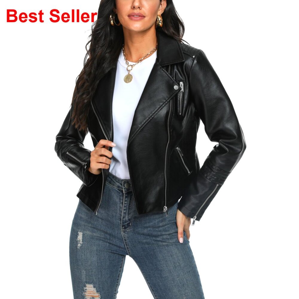 Faux Leather Jacket Women's Moto Biker Coat Lightweight Vegan Pleather